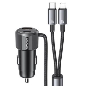 Tẩu Sạc Cho Ô Tô kèm cáp sạc 2 đầu USAMS CC287 66W 2-in-1 Car Charger (With Built-in C + Lightning 1.2m Cable)